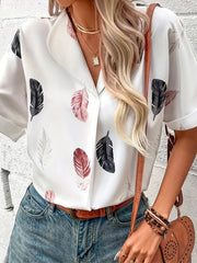 Feather Print Short Sleeve Blouse