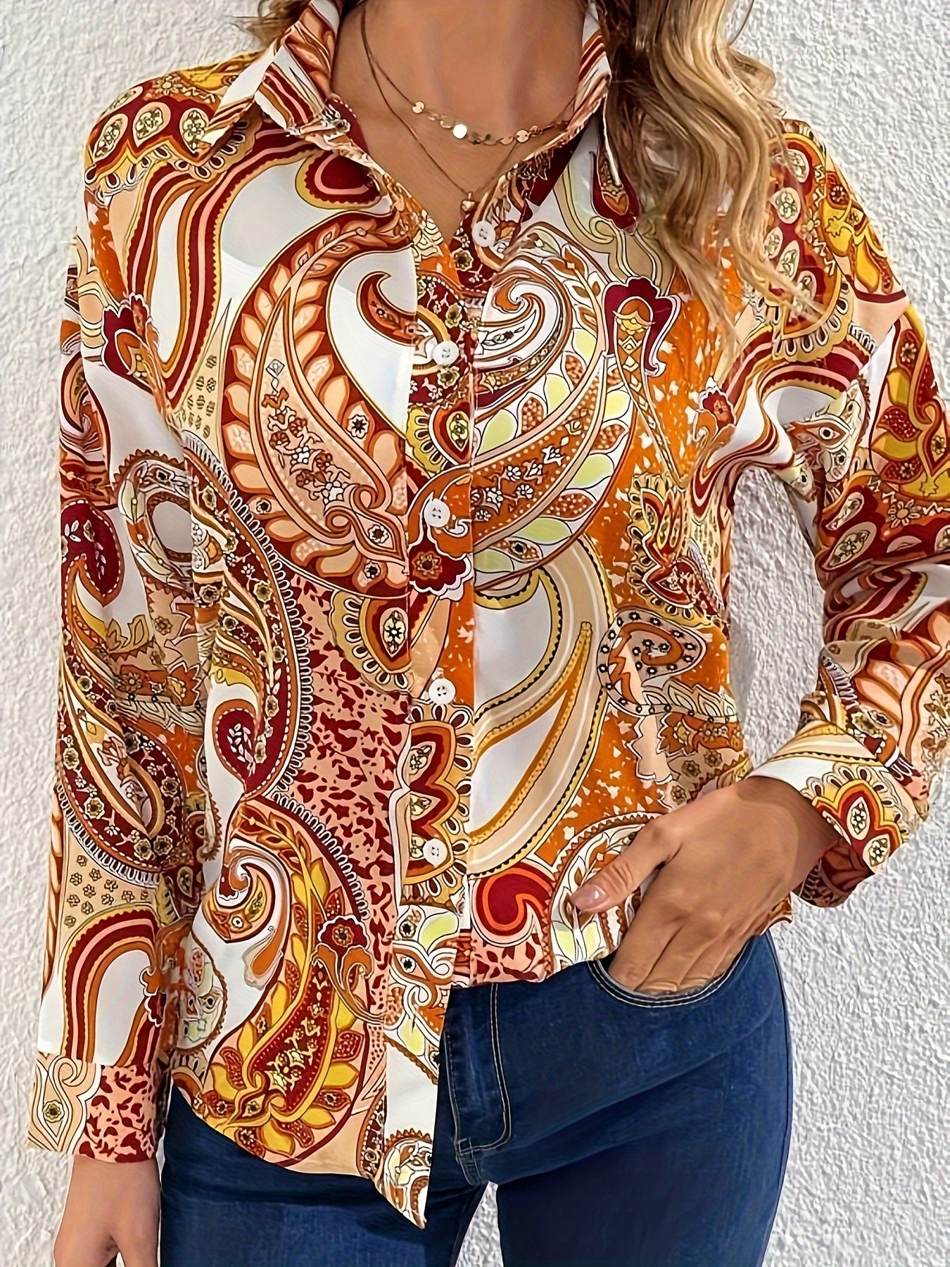 Boho Paisley Print Button Up Long Sleeve Blouse