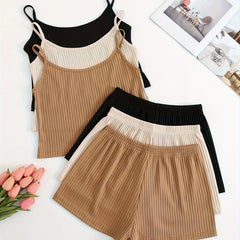 Ribbed Pajama Set Crew Neck Cami Top & Shorts Women's Loungewear