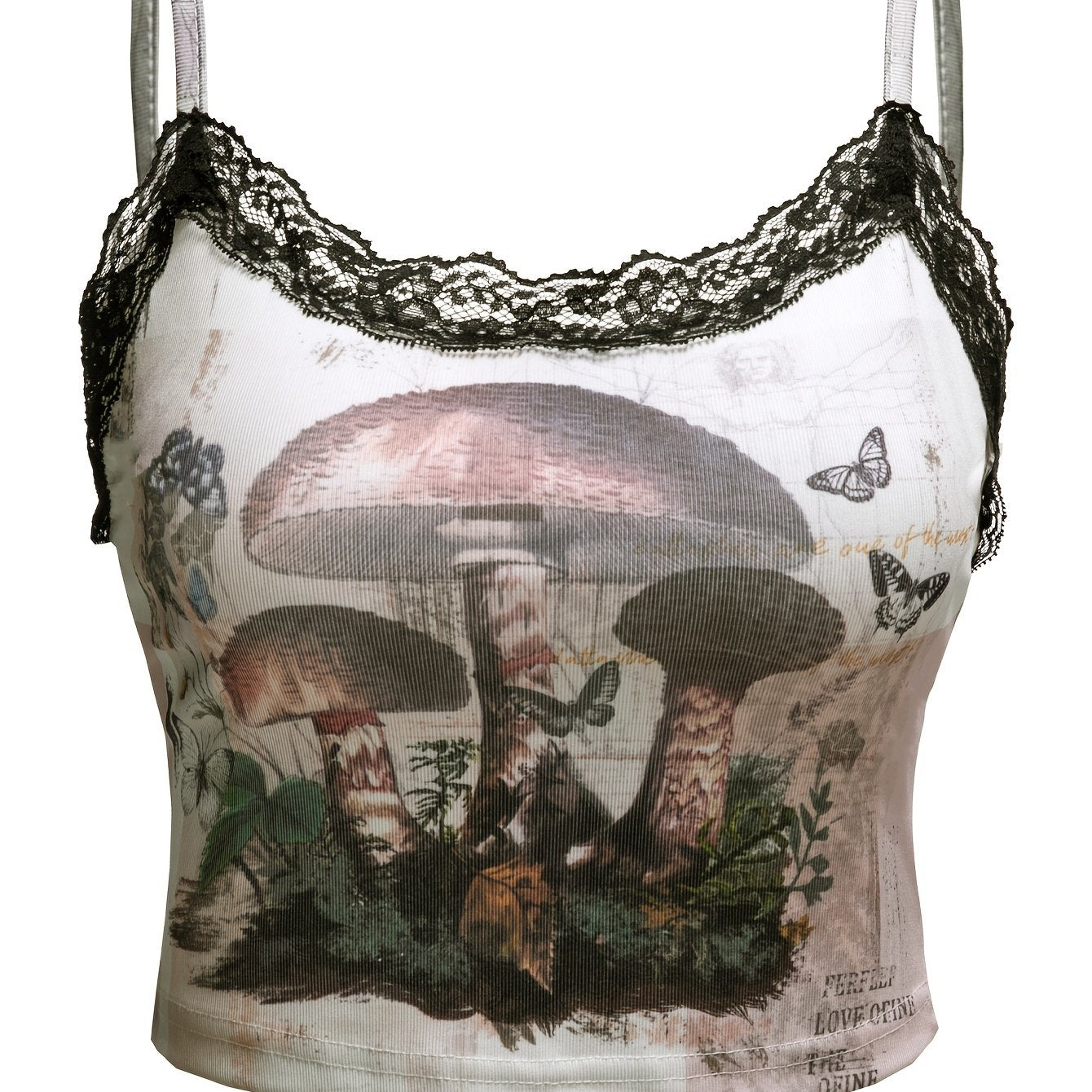 Mushroom Print Lace Cami Top Sexy Ribbed Spaghetti Strap Summer Top