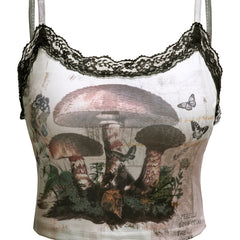 Mushroom Print Lace Cami Top Sexy Ribbed Spaghetti Strap Summer Top