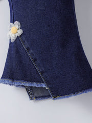 Girls Winter Flared Denim Jeans with Flower and Elastic Waist