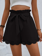 Scallop Trim Bow Tie Shorts Casual Solid Summer Shorts