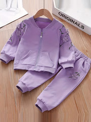 Girl's Floral Embroidered Jacket & Sweatpants Set for Spring