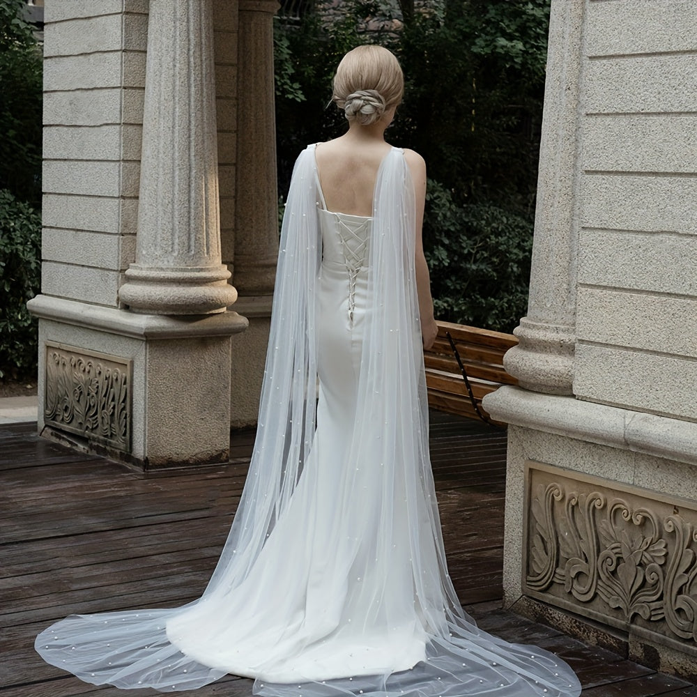 Bridal Veil Shawls Beaded Faux Pearl V Neck Long Sleeve for Weddings