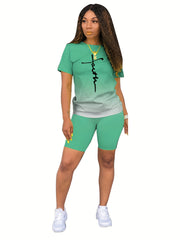 Faith Print Ombre Two-piece Set Short Sleeve Tops & Shorts