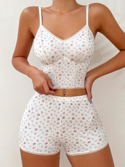 Floral Print Pajama Set V Neck Cami Top & Elastic Waistband Shorts