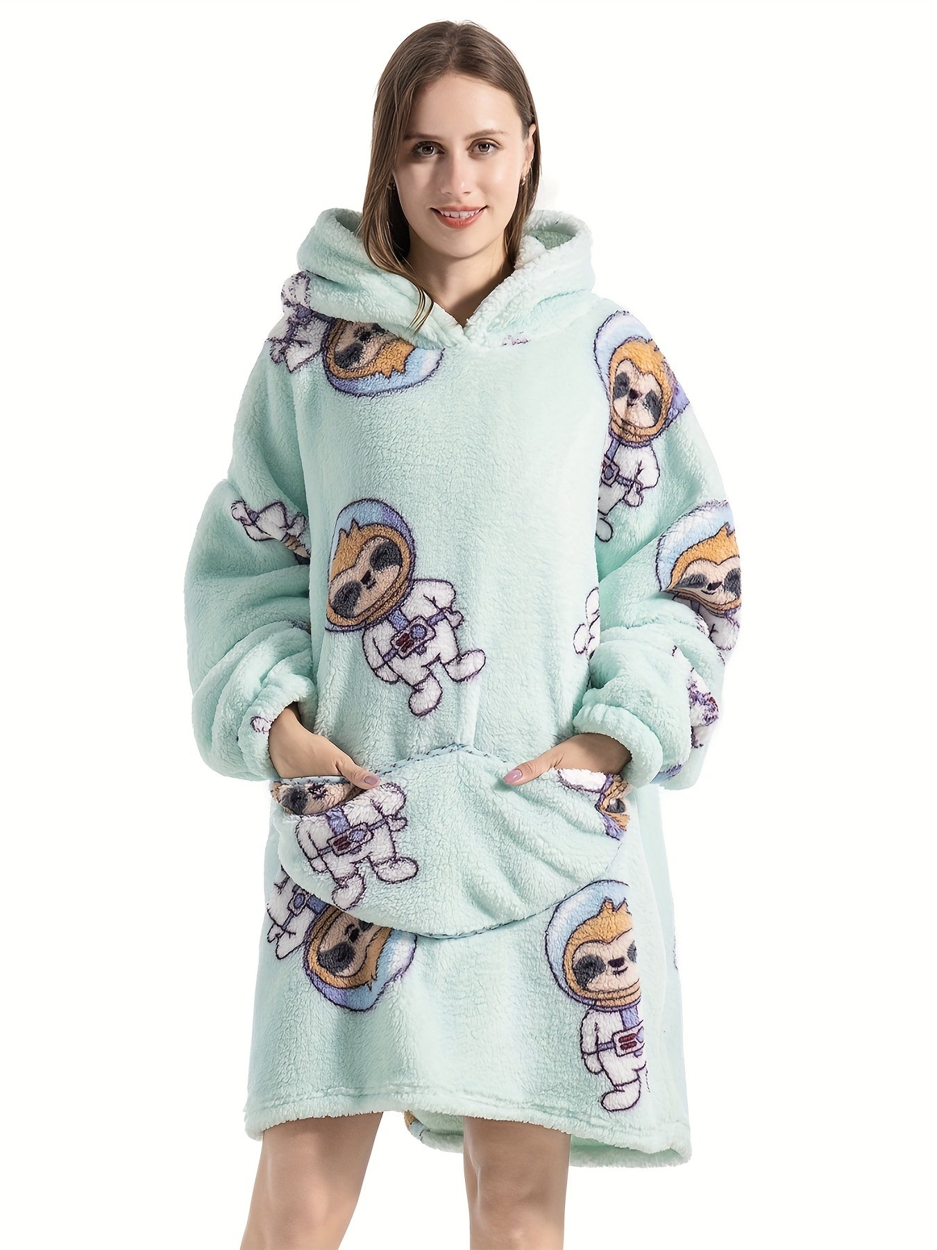Women's Plus Size Sloth Pattern Fleece Hooded Robe