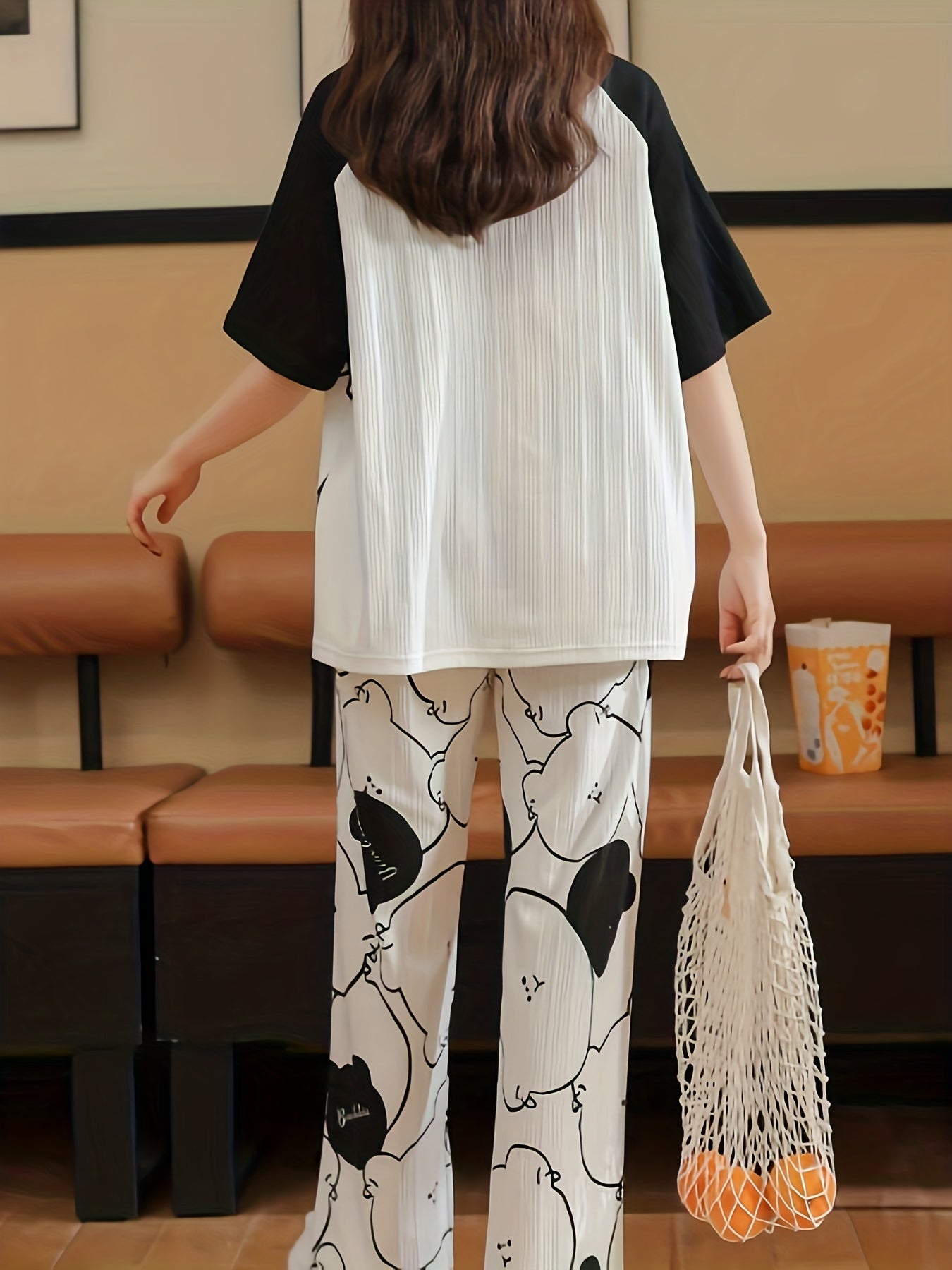 Bear Print Pajama Set Short Sleeve Top & Pants Women's Sleepwear