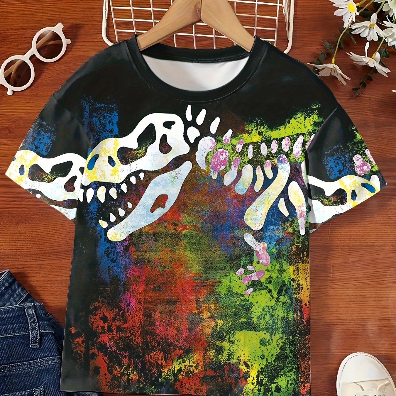 Tie Dye Dino Skeleton 3D Print T-shirt for Kids