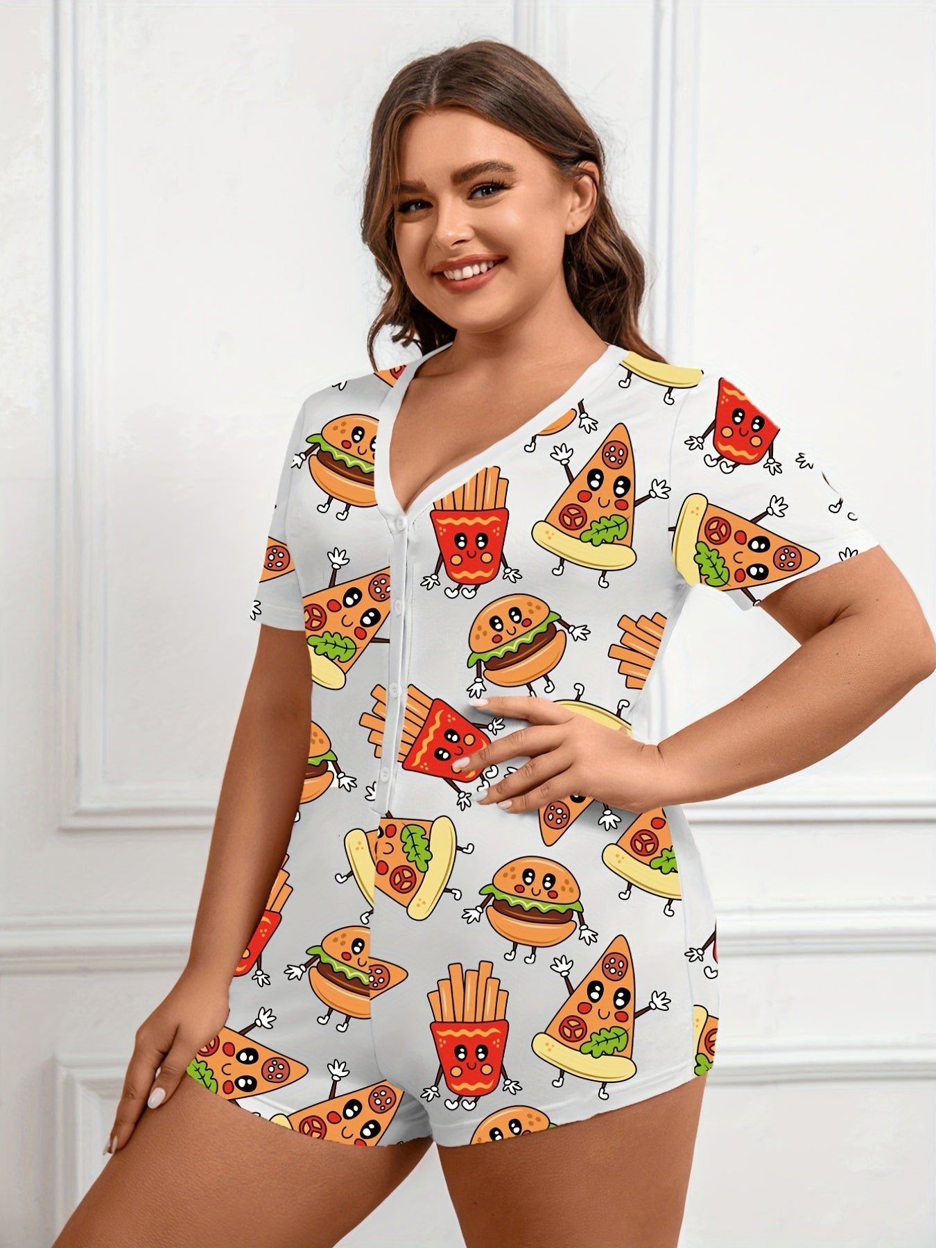 Cartoon Pizza & Burger Print Pajama Romper
