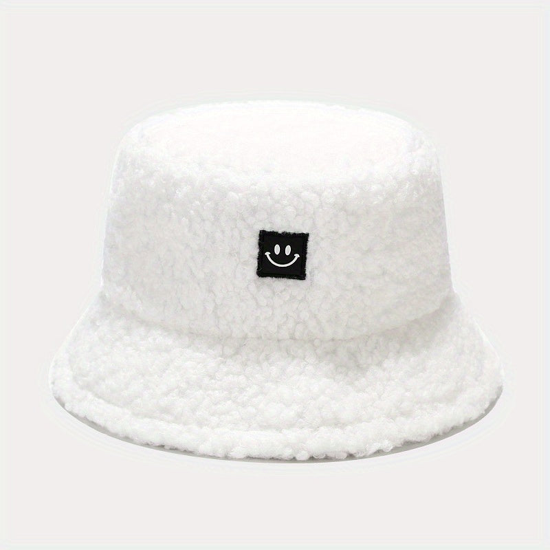 Unisex Sunshade Fleece Bucket Hat with Smile Face Patch - Double Sided Sun Hat