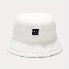 Unisex Sunshade Fleece Bucket Hat with Smile Face Patch - Double Sided Sun Hat