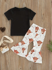Girls Cow Print T shirt & Flared Pants Set For Summer