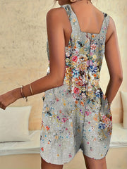 Floral Print Overall Romper Casual Sleeveless Pocket Front Romper