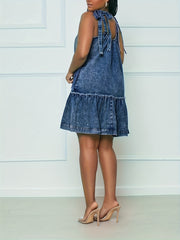 Fringe Trim Round Neck Mini Denim Dress