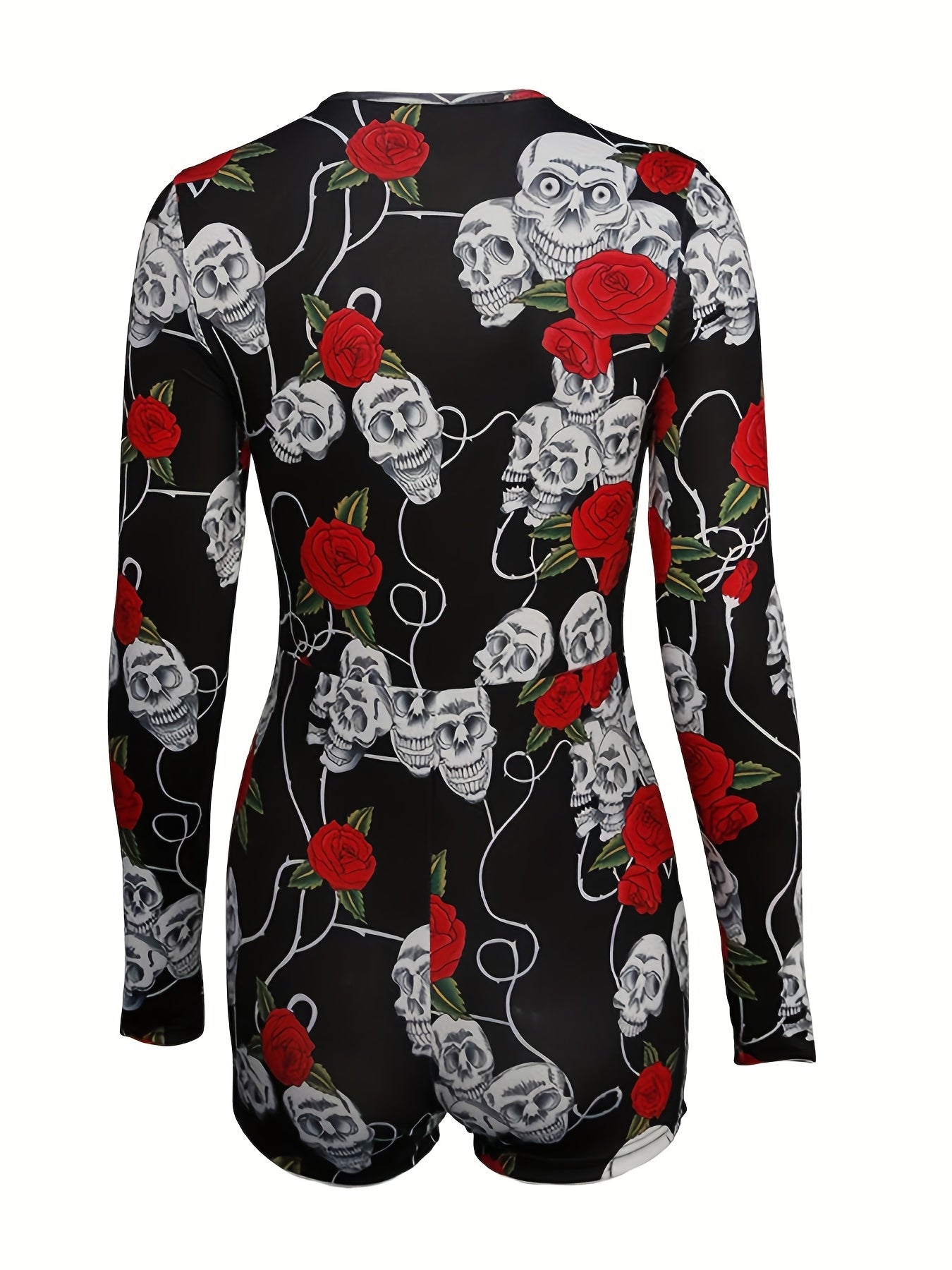 Skull & Rose Print Lounge Romper Long Sleeve V Neck Buttons Women's Loungewear