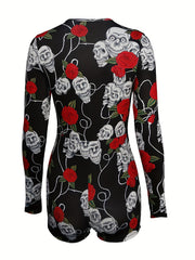 Skull & Rose Print Lounge Romper Long Sleeve V Neck Buttons Women's Loungewear