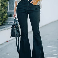 Solid Raw Trim Button Fly High Rise Flared Leg Jeans