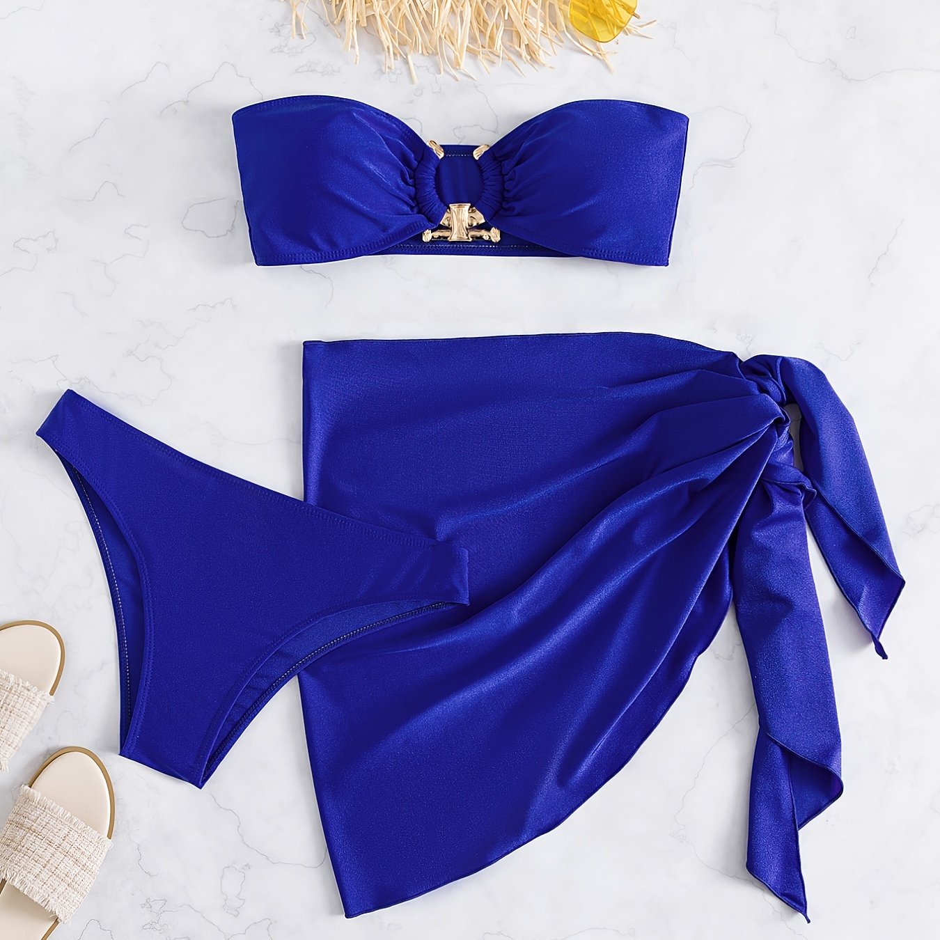 Metal U Ring Bandeau Navy Bikini Set with Cover Up