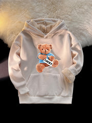 Girls Bear Print Warm Winter Hoodie Plush Pullover Sweatshirt