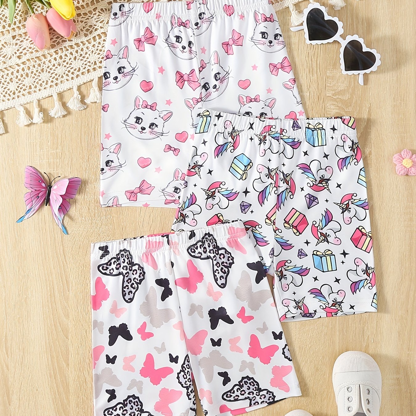 3pcs Girls' Bike Shorts with Cartoon Print Regular Fit Comfy Shorts