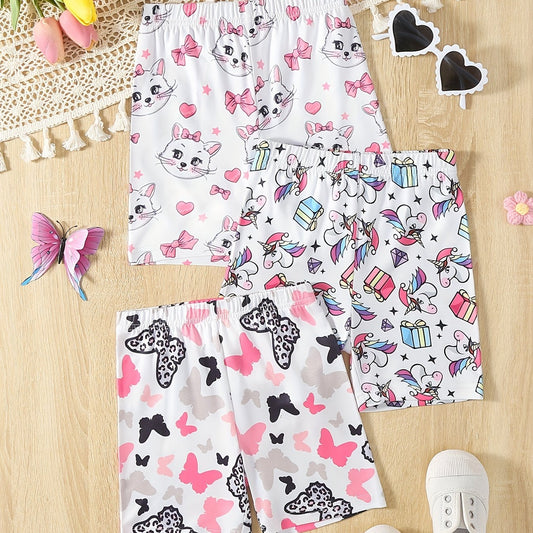 3pcs Girls' Bike Shorts with Cartoon Print Regular Fit Comfy Shorts