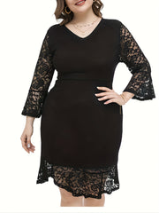 Lace Bell Sleeve V Neck Bodycon Dress