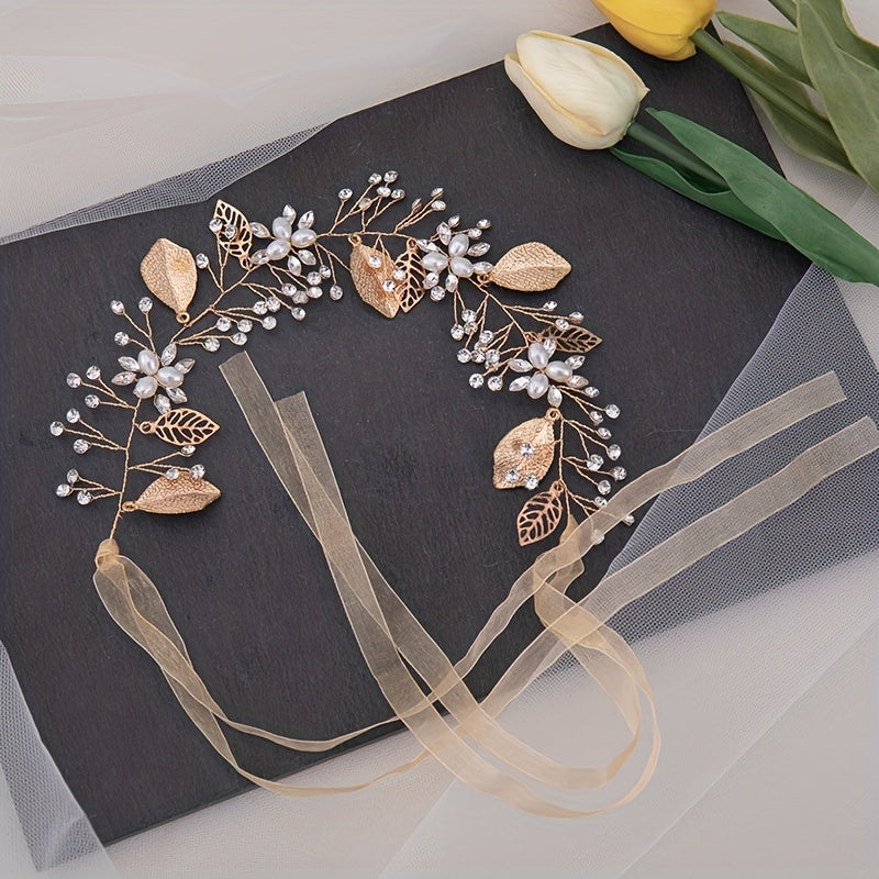 Faux Pearl Crystal Leaf Headband Golden Wreath Hair Accessories