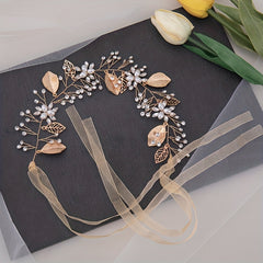 Faux Pearl Crystal Leaf Headband Golden Wreath Hair Accessories