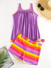 Modest Tankini Set Women's Plus Stripe Print Ruched Tank Top & Shorts