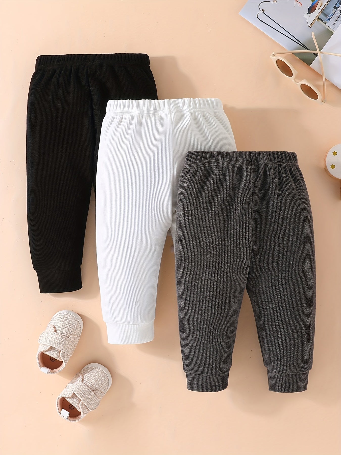 Toddler Baby Waffle Tricolor Pants Set Leggings Seamless Harem Style Ribbed Knit