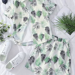 2pcs Hawaii Boys Leaf Graphic Print Short Sleeve T shirt&Shorts Set