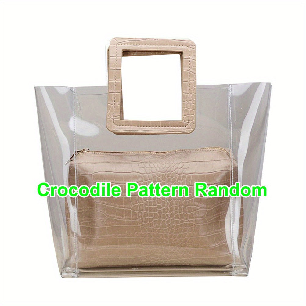2pcs Transparent Tote Bag Set Crocodile Pattern Handle