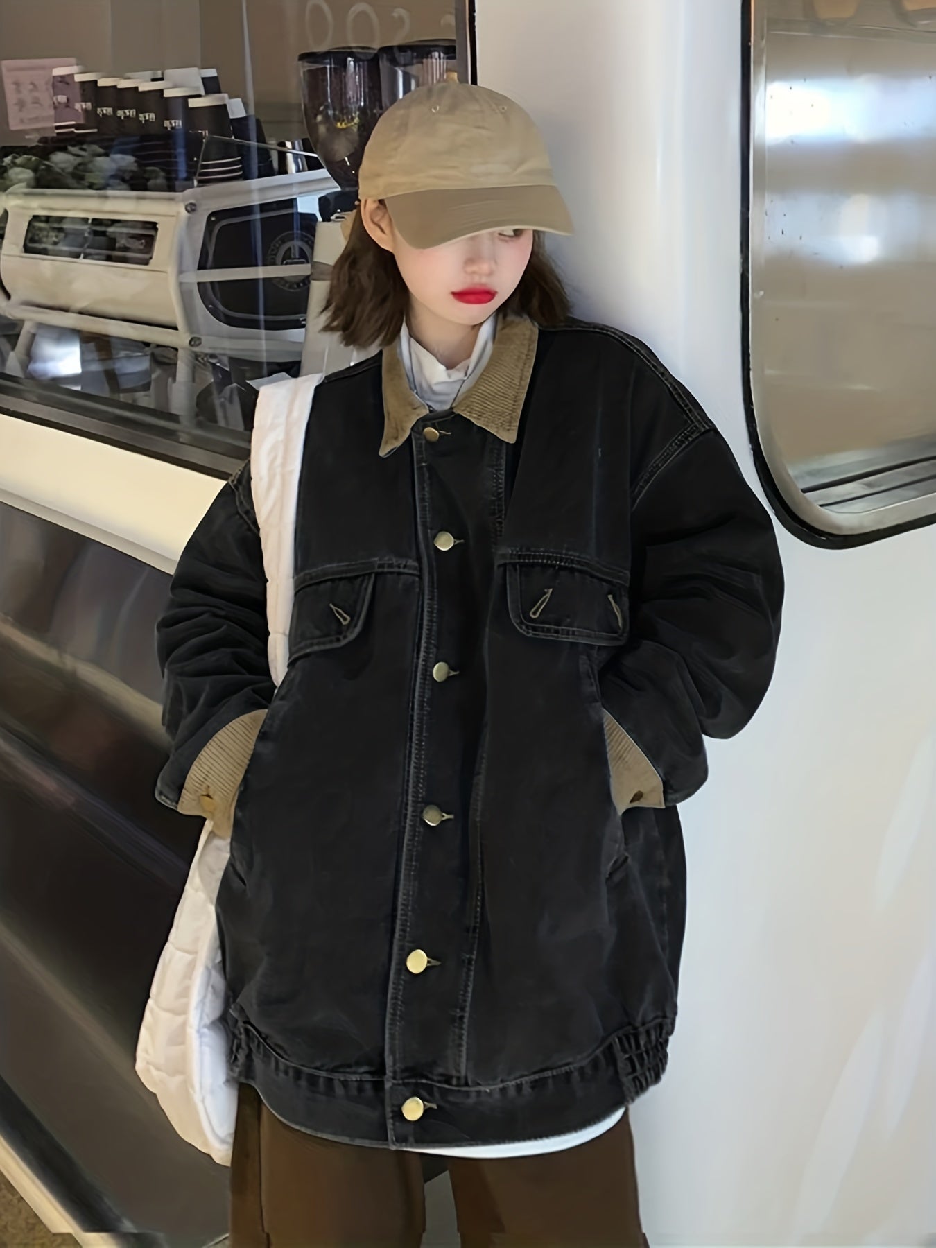 Corduroy Casual Denim Jacket with Button Flap Detail