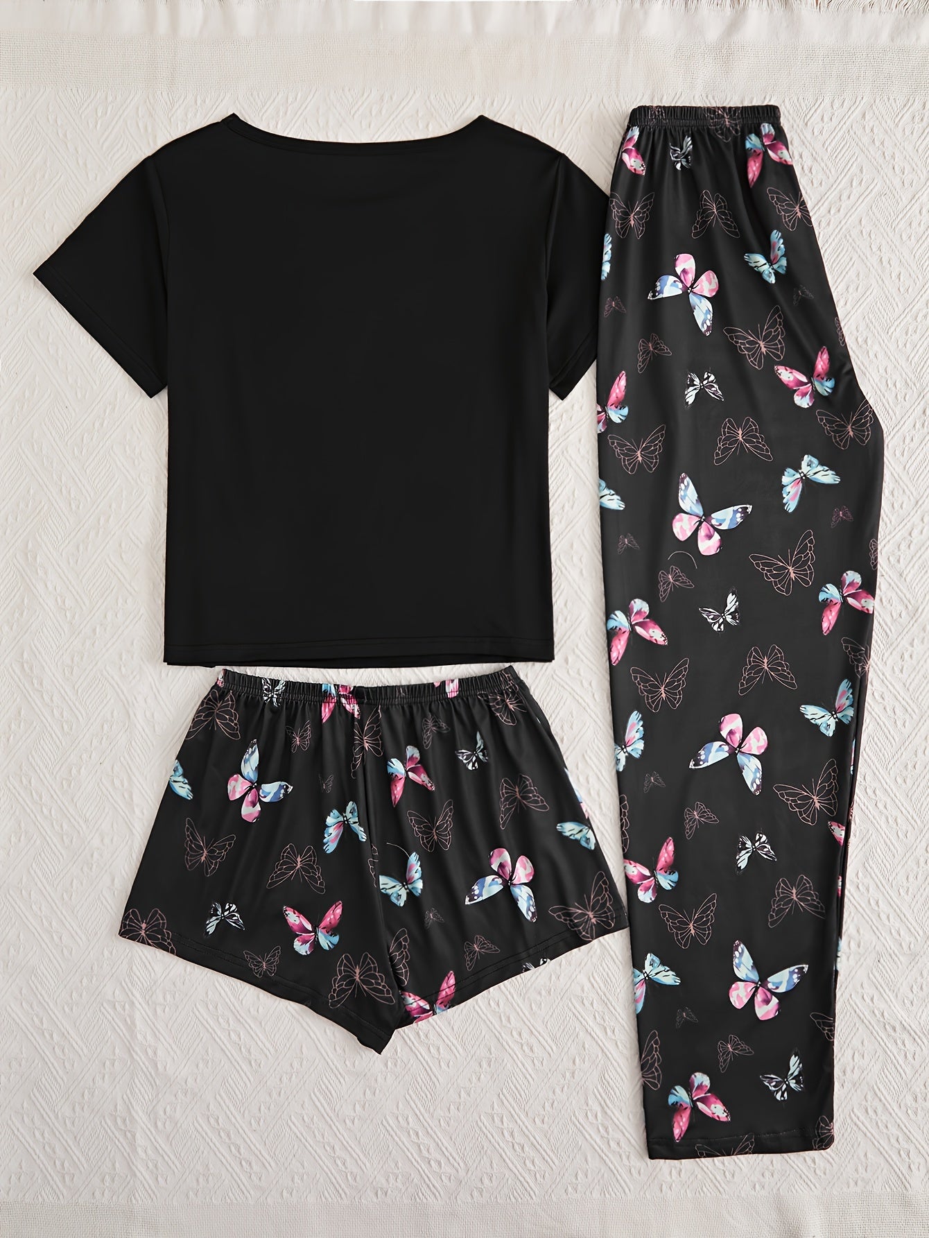 Butterfly Print Pajamas Set Short Sleeve Top & Shorts/Pants Women's Sleepwear