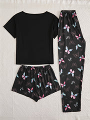 Butterfly Print Pajamas Set Short Sleeve Top & Shorts/Pants Women's Sleepwear