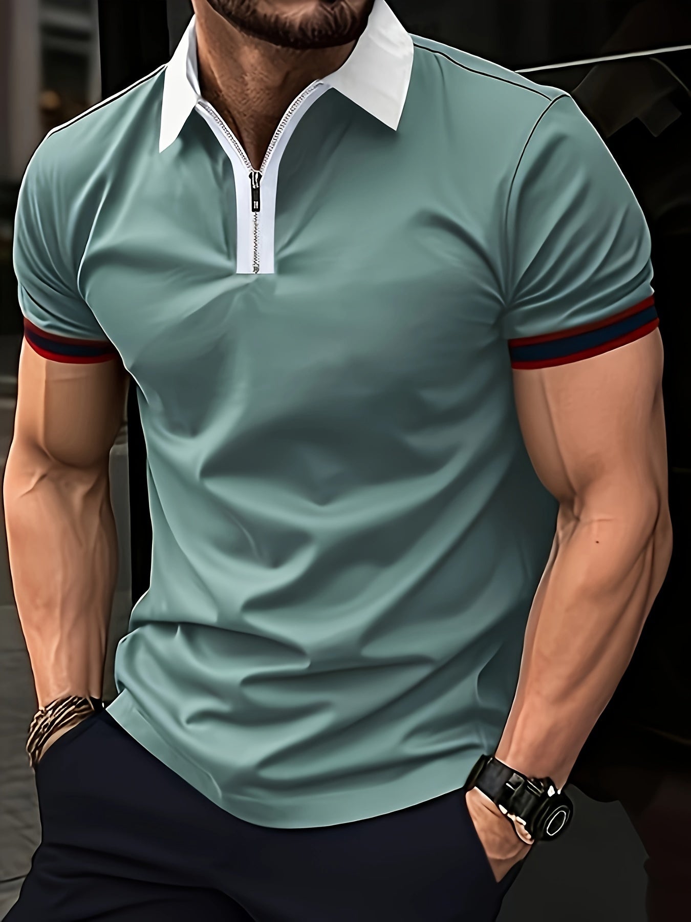 Men's Casual Zipper Short Sleeve Shirt for Fitness Training