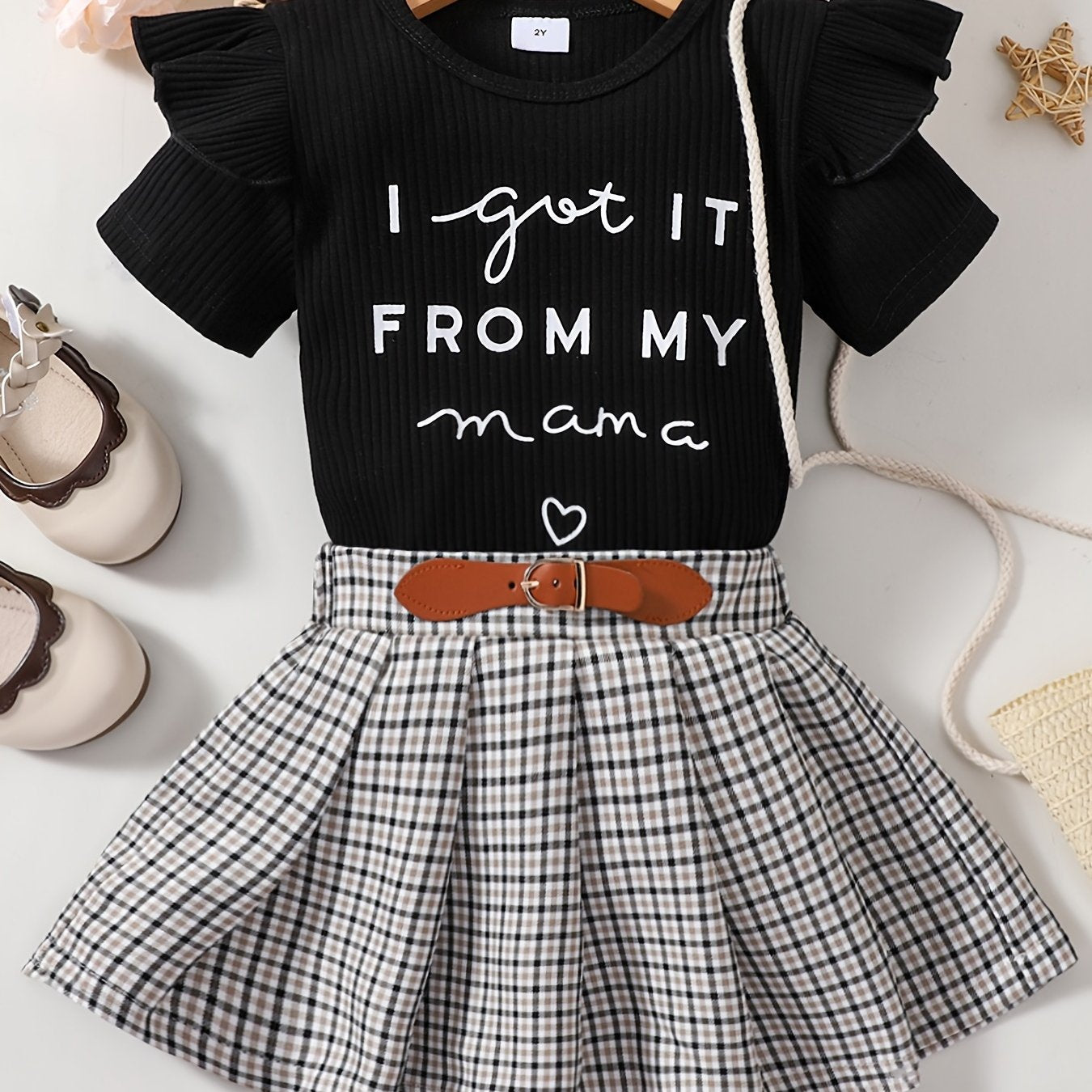 Girls T Shirt & Plaid Skirt Set Ruffles Short Sleeves I GOT IT FROM MY MAMA
