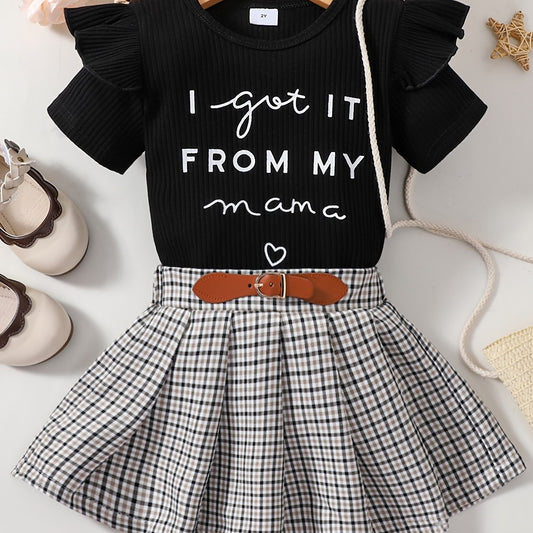 Girls T Shirt & Plaid Skirt Set Ruffles Short Sleeves I GOT IT FROM MY MAMA