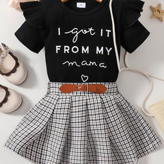Girls T Shirt & Plaid Skirt Set Ruffles Short Sleeves I GOT IT FROM MY MAMA