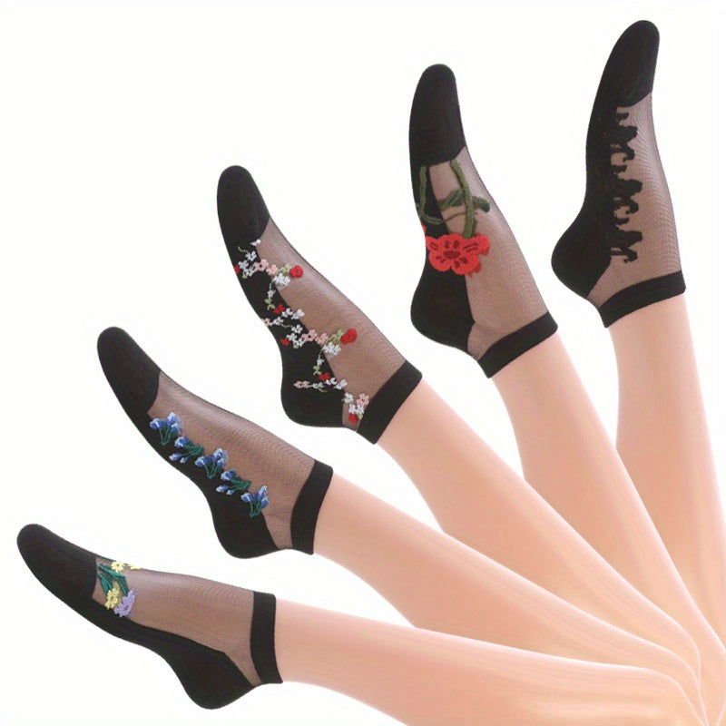 5 Pairs Applique Mesh Socks Lightweight Crew Short Women's Stockings