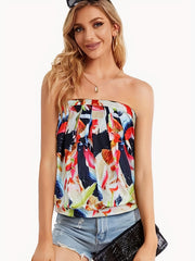 Floral Print Pleated Tube Top Sleeveless