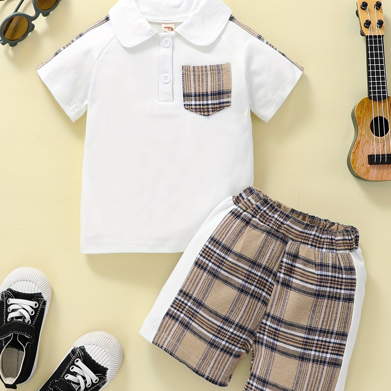 Boys Teen Casual Polo Shirt & Plaid Shorts Set for Summer