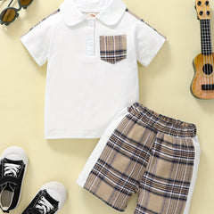 Boys Teen Casual Polo Shirt & Plaid Shorts Set for Summer