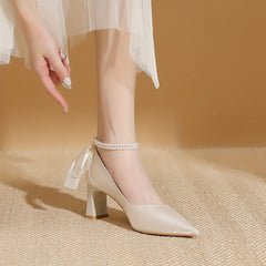 Pearl Chain Chunky Heels Pointed Toe Wedding Shoes