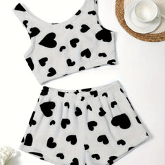 Heart Print Flannel Crop Top & Shorts Lounge Set
