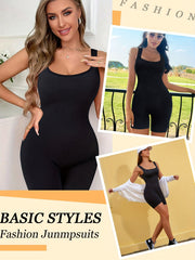 Women Yoga Rompers Workout Ribbed Square Neck Sleeveless Sport Jumpsuit