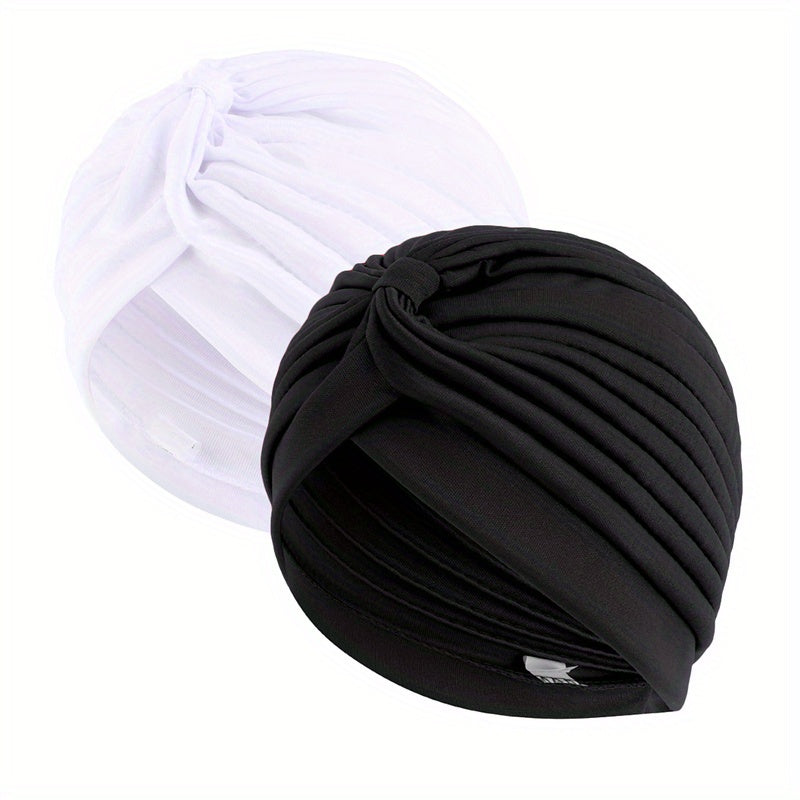 2pcs Pleated Turban Cap Head Wrap Elastic Hijab Hat Beanie Chemo Hats