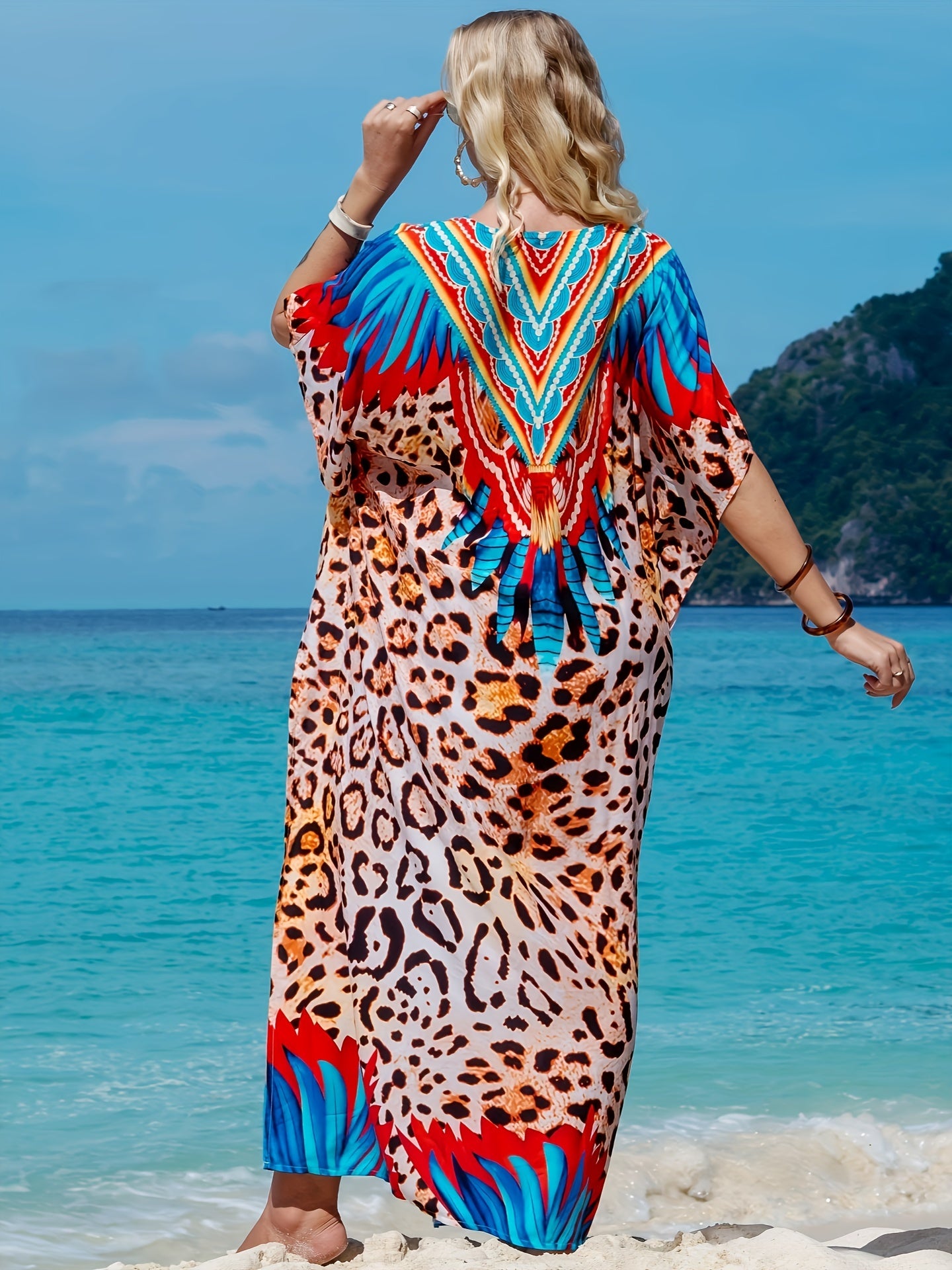 Boho Plus Allover Print Batwing Sleeve Cover Up Dress